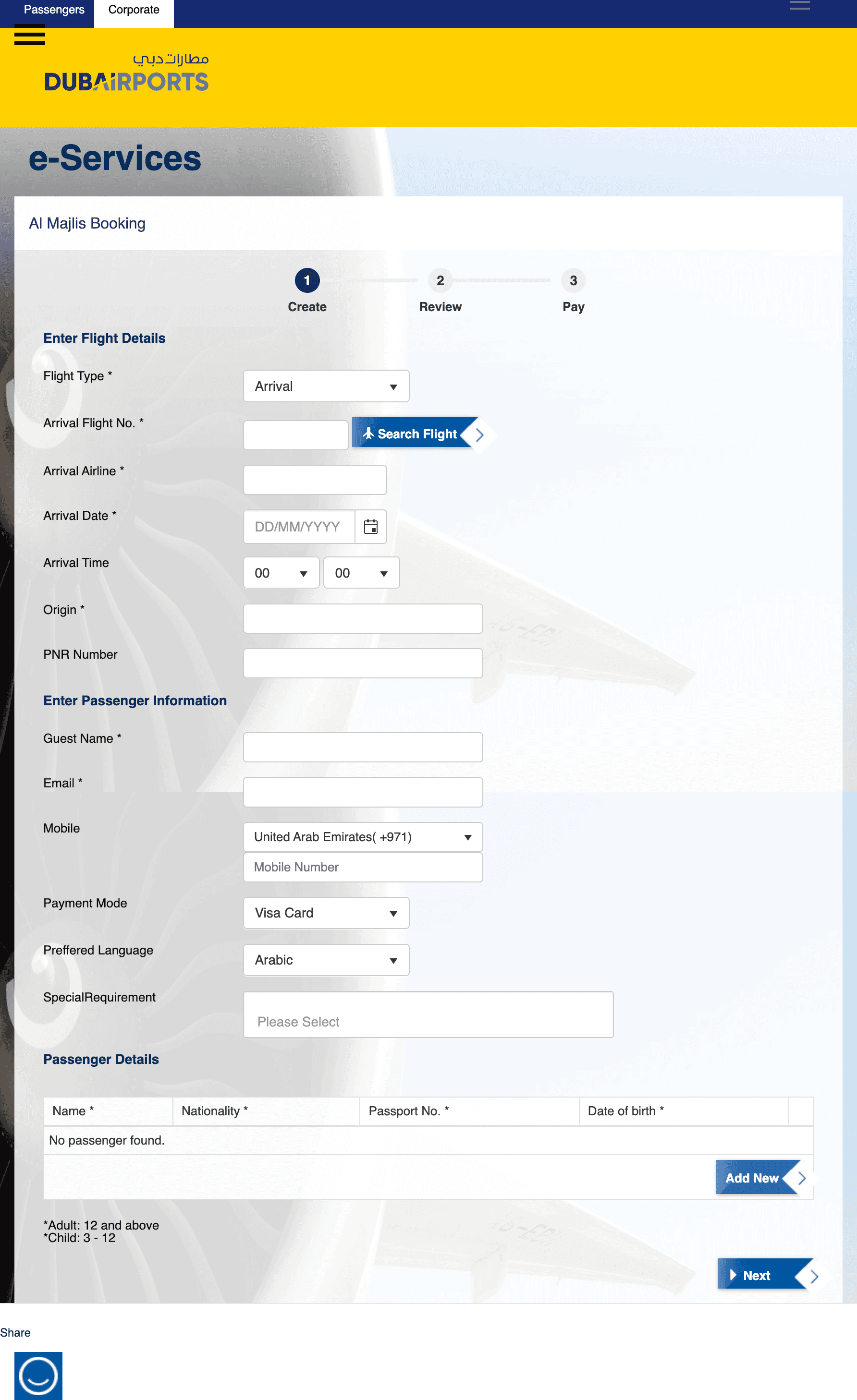Formulário completo de reserva no portal DubaiAirports e-Services