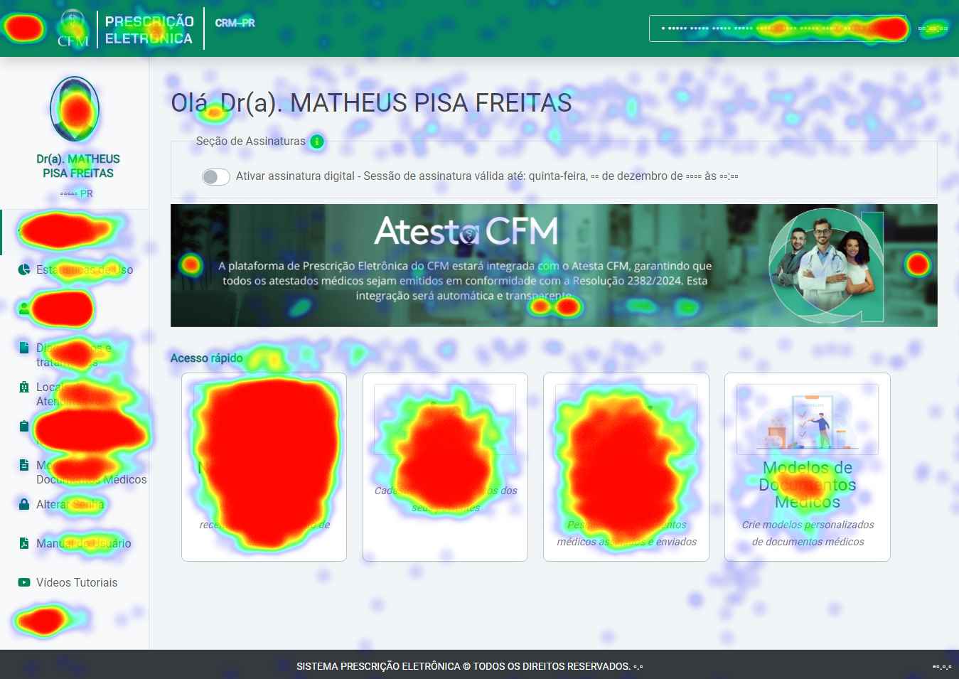 Mapa de calor (Microsoft Clarity). Médicos já navegavam intensamente pelo mobile, mesmo em experiência não nativa.