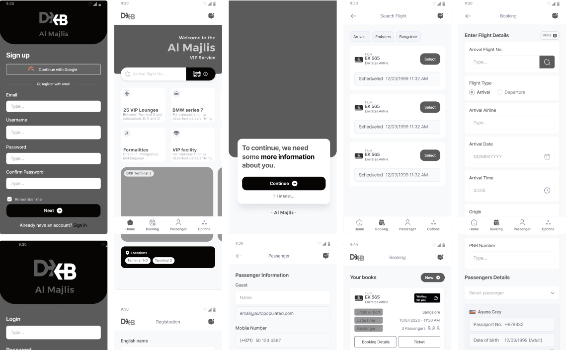 Wireframes das principais telas do Al Majlis App